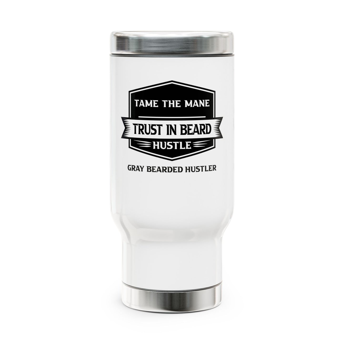Gray Bearded Hustler Stainless Steel Travel Mug with Handle, 14oz